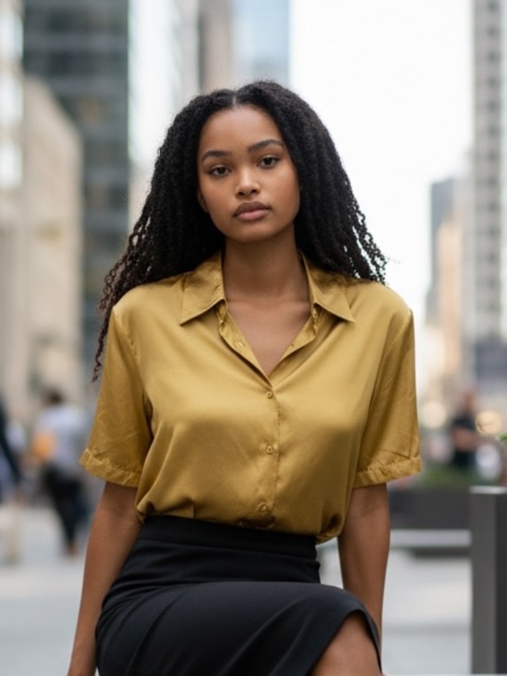 Silk Short-Sleeve Blouse in Gold